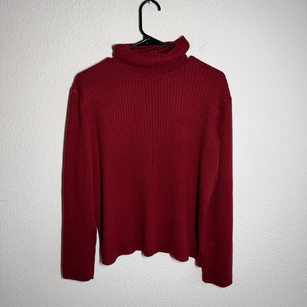Eddie Bauer Sweater Womens Large Red Tight Knit Ribbed Cotton Turtleneck Winter